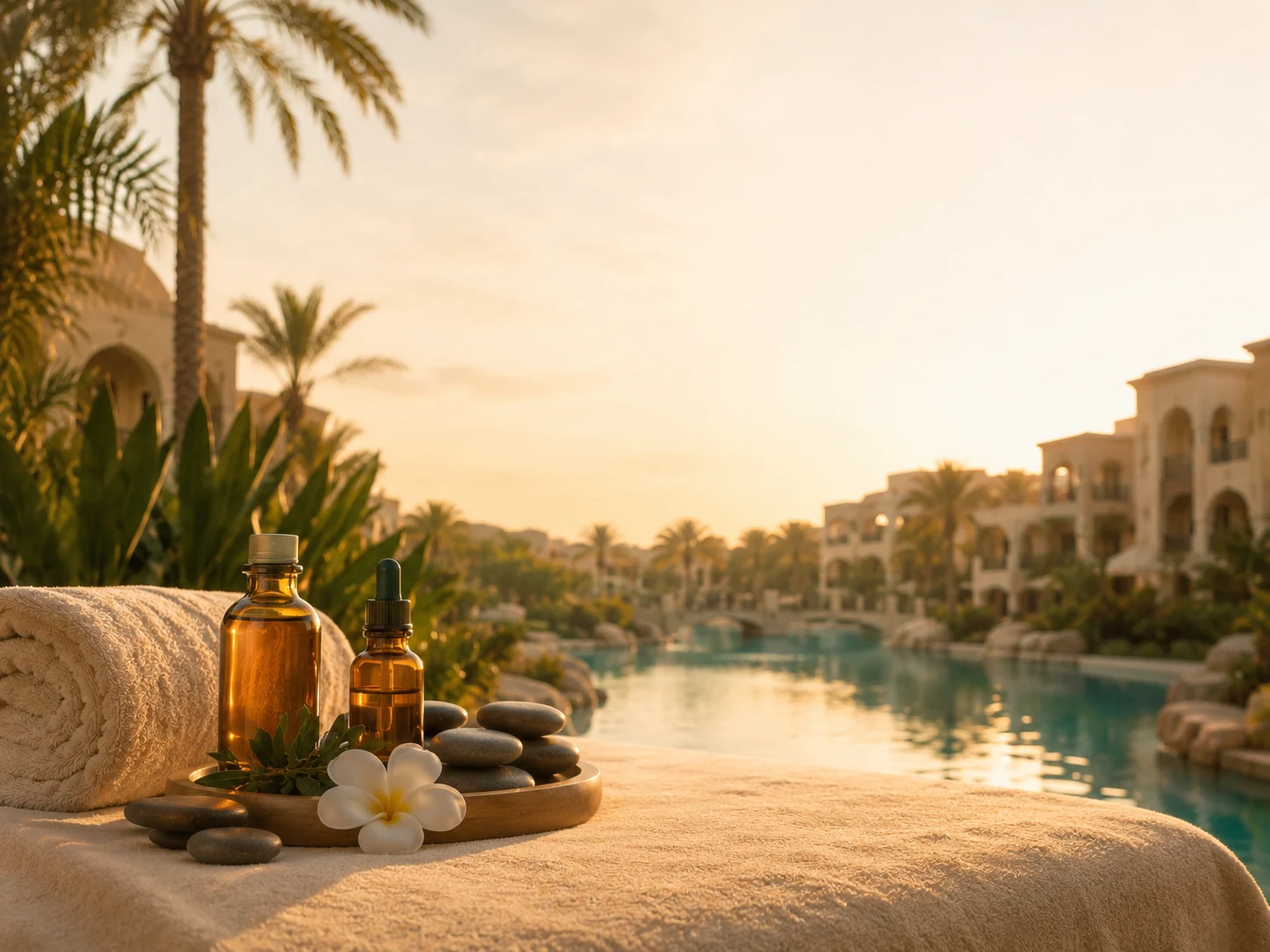 Close-up massage setup with towels, oils and stones beside an El Gouna lagoon