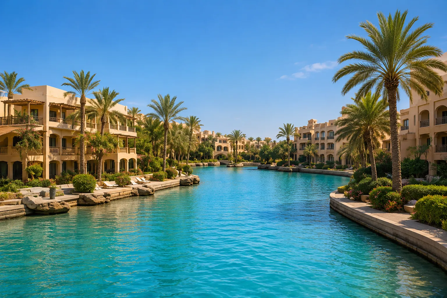 Waterfront and palm-lined homes in El Gouna